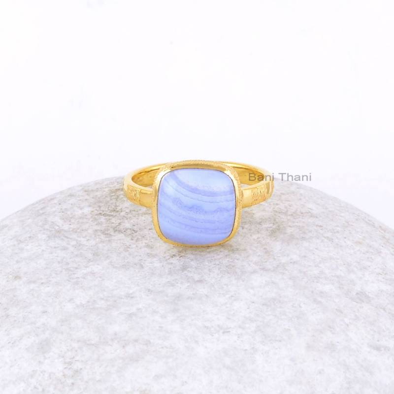 Blaue Spitze Achat Ring-Blaue 10x10 Kissen Sterling Silber Edelstein Ring-Gold Überzogene Ring-Einzigartige Ringe-Ringe Für Frauen von BaniThani
