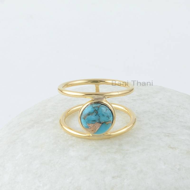 Blauer Türkis Ring - Edelstein Silber 8 Mm Runder Doppel Band Massiv Schmuck Für Mama Geschenk Frauen von BaniThani