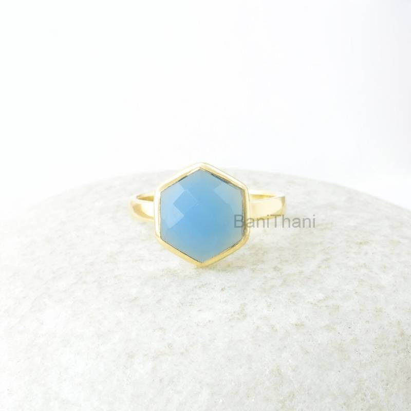 Chalcedon Ring, Blauer 10 Mm Sechskant Schachbrettschliff Edelstein-Ring, Vergoldeter Silberring, Geschenk Für Frauen von BaniThani