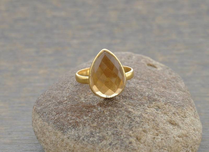 Champagner Quarz Edelstein Ring - Vergoldeter 925 Sterling Silber Für Frauen 10 X 14 Mm Birne Geschenk Sie von BaniThani