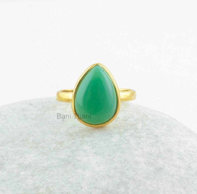 Chrysopras Chalcedon Ring - 10 X 14 Mm Birne Vergoldet Reines Silber Handgefertigter Handwerker Schmuck Für Verabredung Geschenk Frauen von BaniThani