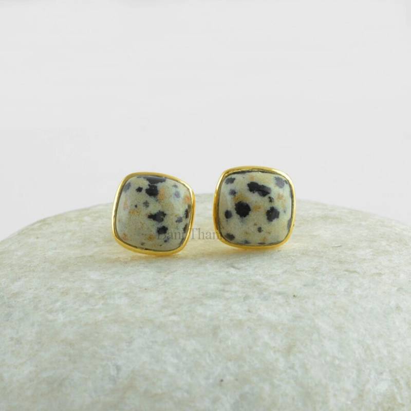 Dalmatiner Jaspis Ohrstecker - Reines Silber Handgefertigte 9 Mm Kissen Naturstein von BaniThani