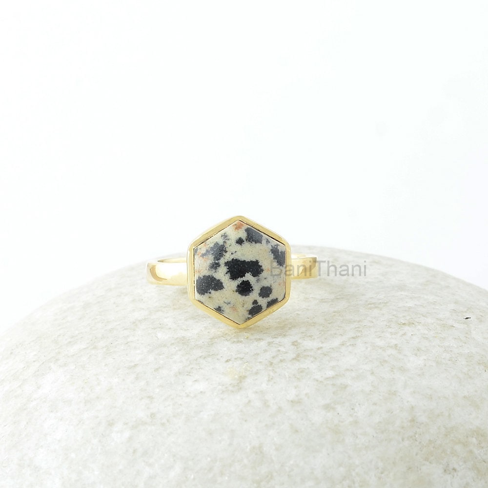 Dalmatiner Jaspis Ring - 10 Mm Sechskant Vergoldeter Edelstein Schmuck 925Er Silber Für Freund Geschenk Neubeginn von BaniThani