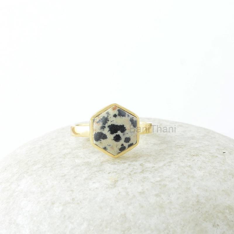 Dalmatiner Jaspis Ring - 10 Mm Sechskant Vergoldeter Edelstein Schmuck 925Er Silber Für Freund Geschenk Neubeginn von BaniThani