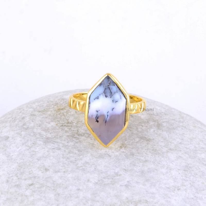 Dendriten Achat Ring - Hexagon Diamant Form 9 X 16 Mm Sterling Silber Vergoldeter Brautjungfer Geschenk Dendriten Achat Ring - Hexagon Diamant Form 9 X 16 Mm Sterling Silber Vergoldeter Brautjungfer Geschenk von BaniThani