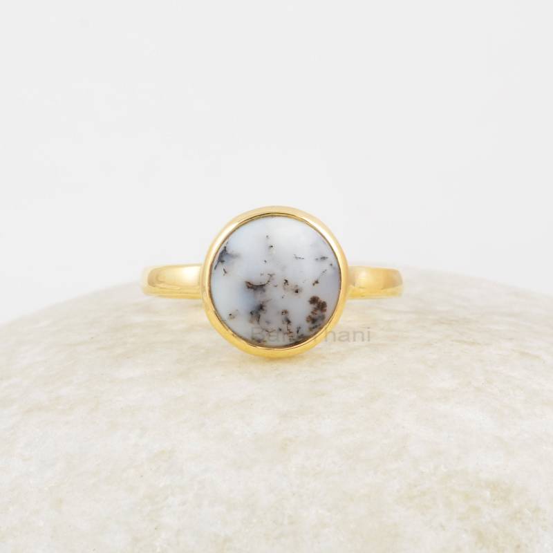 Dendritenopal Ring, 10 Mm Rund Edelstein 18K Mikron Vergoldeter 925 Silber Multicolor Schwarz-Weiß-Ring von BaniThani
