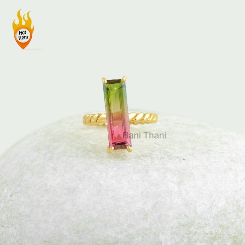 Designer Wassermelone Turmalin Bi Doublet Quarz Baguette 6x18mm Prong Set Ring Vergoldet 925 Silber Schmuck # 1252 von BaniThani