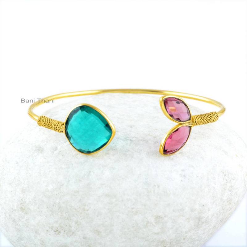 Edelstein Armreif-7 X 14 Mm Rosa Turmalin Quarz Marquoise Armreif-14 Petrol Herz Armreif-sterling Silber Armreif von BaniThani