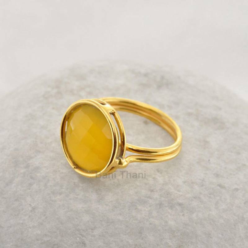 Gelb Chalcedon Runde - Micron Gold Plated Sterling Silber Lünette Ring 15mm Edelstein Schmuck # 1080 von BaniThani
