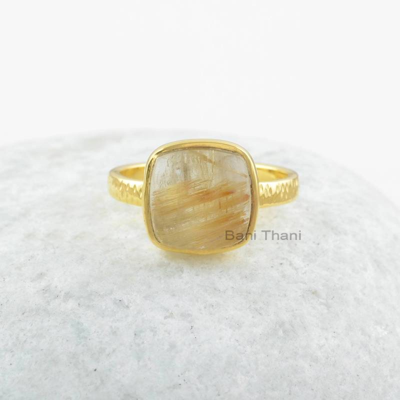 Golden Rutil Edelstein Silber Ring - 925 Sterling Kissen Vergoldeter Handgefertigter Geschenk Für Brautjungfer Sie von BaniThani