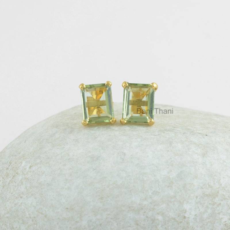 Grün Amethyst Quarz Ohrstecker - Edelstein Sterling Silber 8 X 10 Mm Achteck Facettiert Schmuck Für Strand Geschenk Alte Frauen von BaniThani