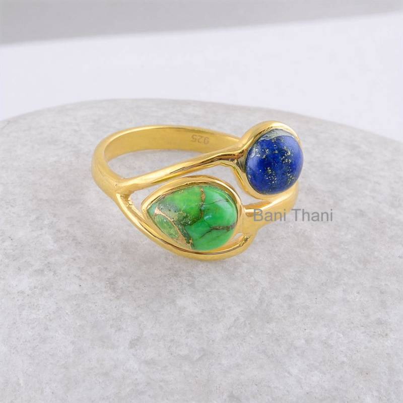 Grüner Kupfer Türkis, Lapis Lazuil Edelstein Ring - Vergoldete Sterling Silber Lünette Geschenk Für Dame Schmuck Braut Frauen von BaniThani