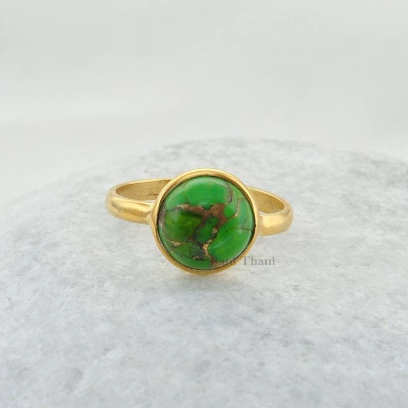 Grüner Kupfer Türkis Ring - 10 Mm Runder Edelstein Vergoldeter 925 Sterling Silber Verlobungsring Versprechensring Damenring von BaniThani