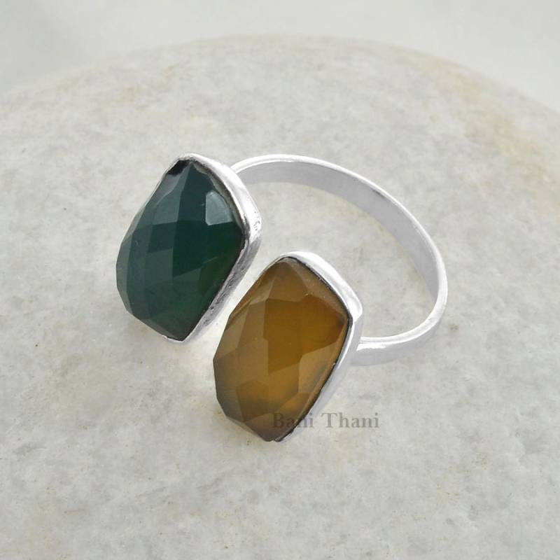 Grüner Onyx, Gelber Chalcedon Offener Ring - Vorne Offener Silber Sterlingsilberring Einstellbar Handgemachter Geschenk Für Ihre Frauen von BaniThani