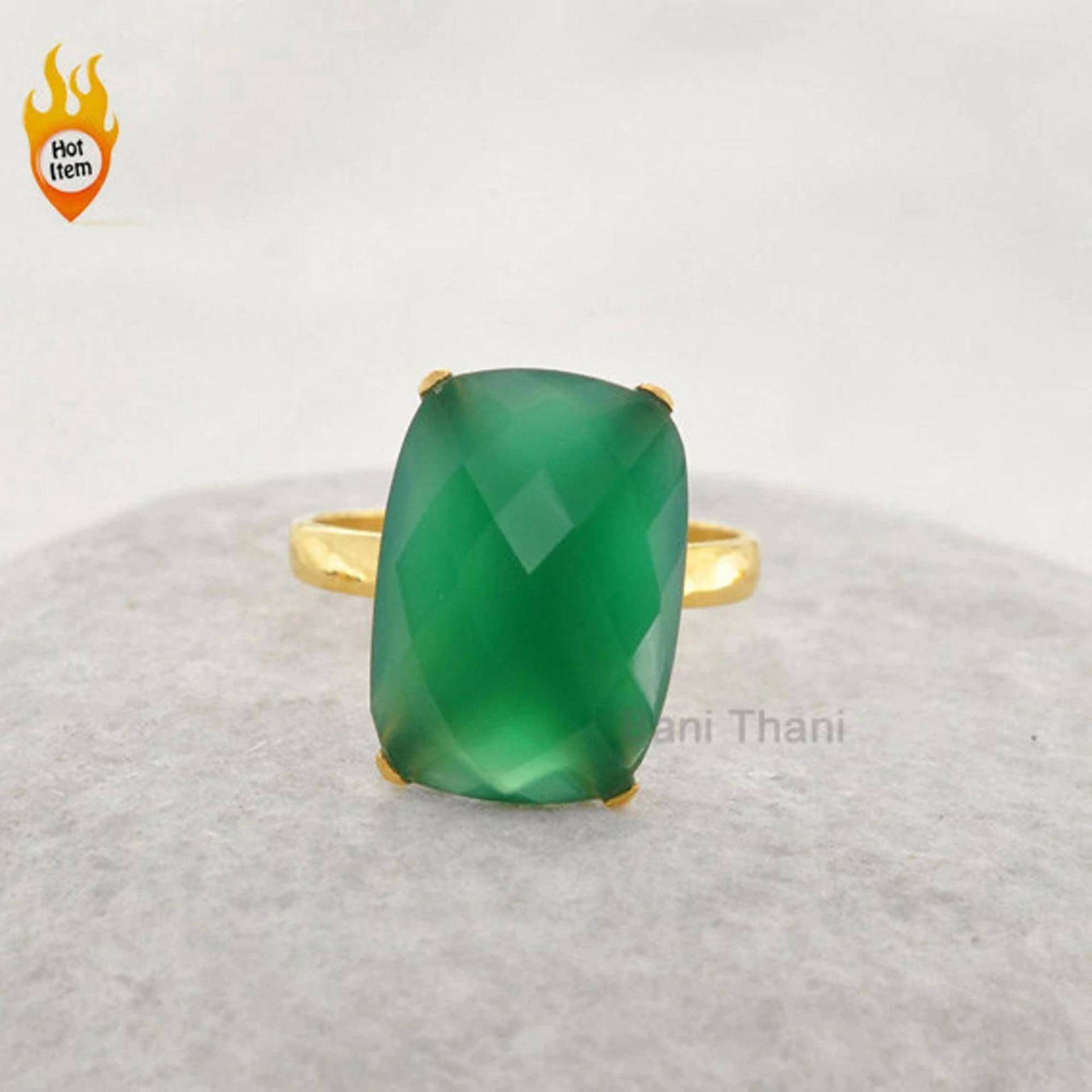 Grüner Onyx Edelstein-Ring - Abgerundetes Rechteck 12x18mm Form Micron Gold Plattiert 925 Sterling Silber Prong Ring Schmuck # 1248 von BaniThani