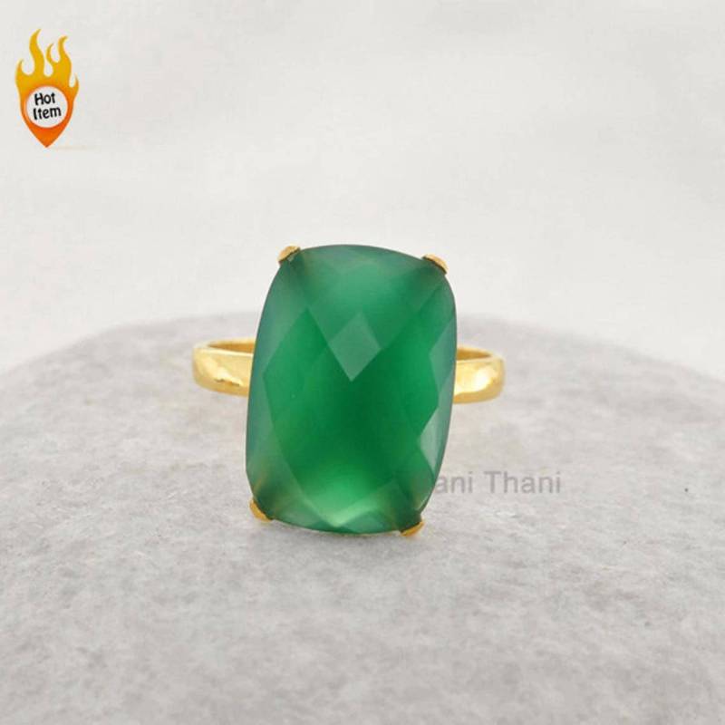 Grüner Onyx Edelstein-Ring - Abgerundetes Rechteck 12x18mm Form Micron Gold Plattiert 925 Sterling Silber Prong Ring Schmuck # 1248 von BaniThani