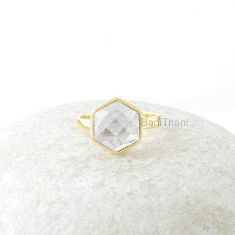 Kristall Quarz Ring - 925 Silber Handgefertigter Facettierter Sechseck Vergoldet Heilstein Schmuck Für Nichte Geschenk Damen von BaniThani