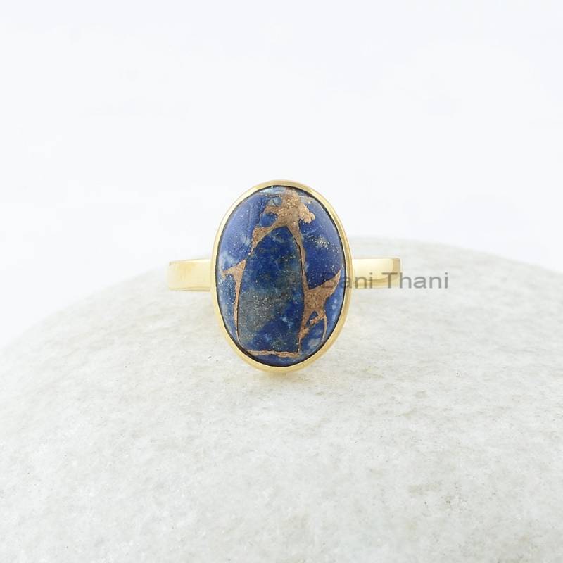 Kupfer Lapis Lazuli Ring, 10 X 14 Mm Oval Silber Edelstein Vergoldeter Hochzeitsgeschenk Für Die Braut von BaniThani