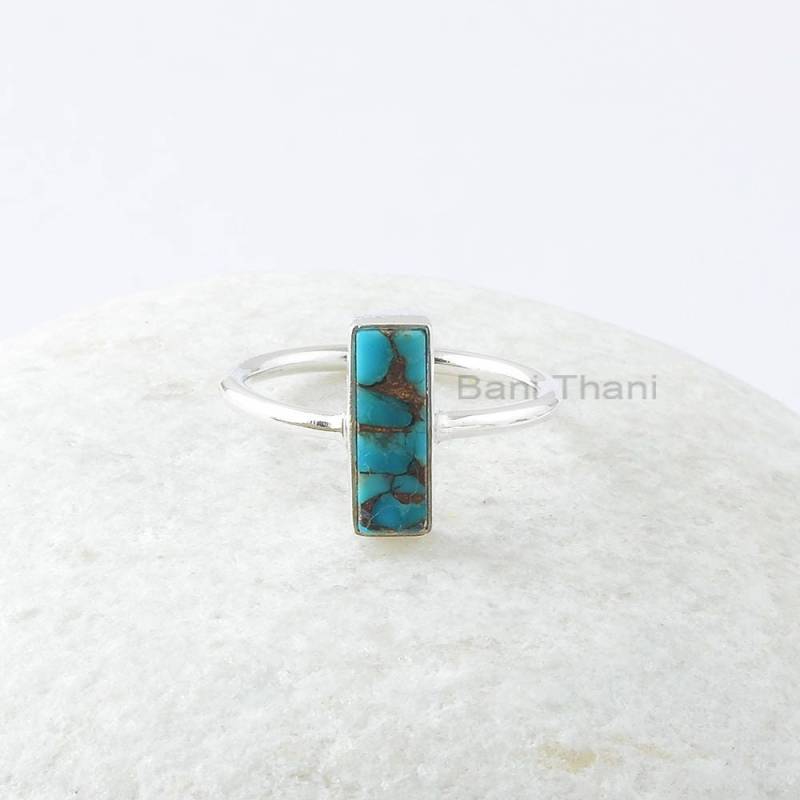 Kupfer-Türkis-Ring, Blauer Kupfer-Türkis 4 X 12 Mm Rechteck Silber Edelstein Ring, Handgemachte Edelstein-Ring, Einzigartige Verlobungsgeschenke von BaniThani
