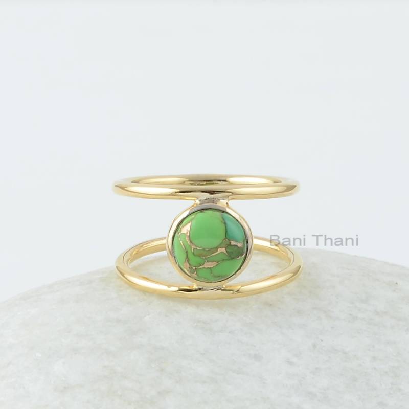 Kupfer-Türkis-statement-Ring, Grün Kupfer Türkis 8 Mm Rund Edelstein Silberring, Silber Ring, 18K Vergoldet Ring von BaniThani