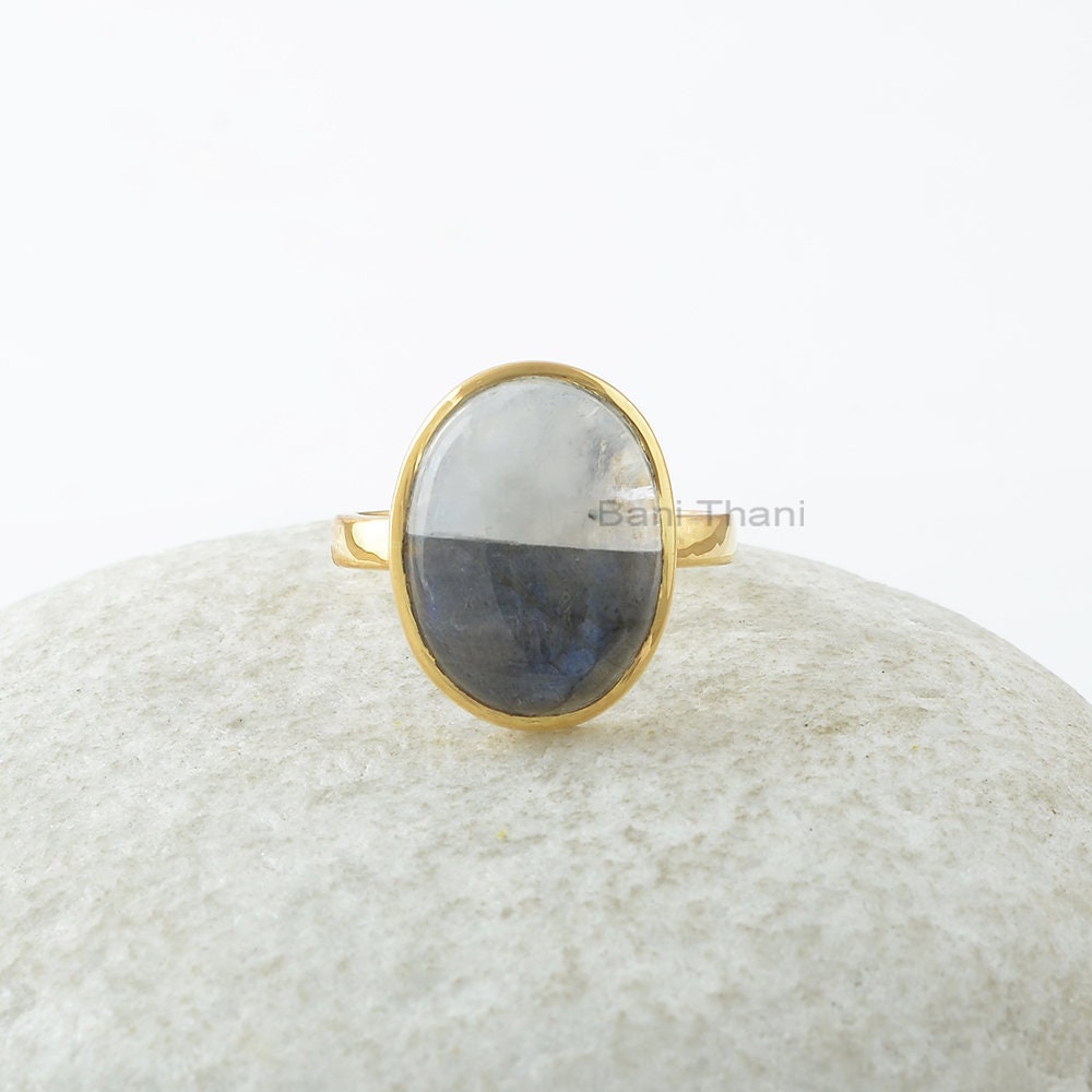 Labradorit Und Regenbogen Mondstein Ring - Reines Silber Handgefertigter Doppelter Stein Artisan Schmuck Für Jugendliche -Geschenk Gruppe Labradorit Und Regenbogen Mondstein Ring - Reines Silber Handgefertigter Doppelter Stein Artisan Schmuck Für Jugendliche -Geschenk Gruppe von BaniThani