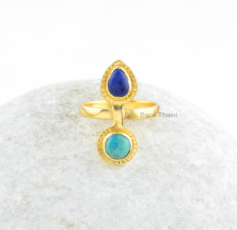 Lapis Lazuli, Arizona Türkis Edelstein Ring - Vergoldeter Jubiläum Geschenk 925 Sterling Silber Multi Stein von BaniThani