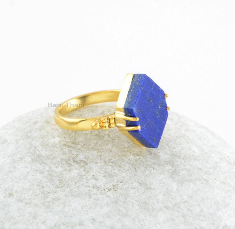 Lapis Lazuli Ring - 12 X 16 Mm Hexagon Diamant Sterling Silber 18K Vergoldeter Edelstein Geschenk Für Mama von BaniThani