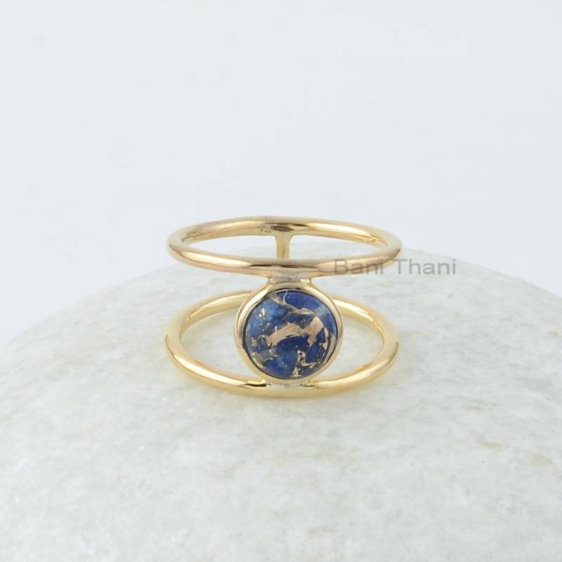Lapis Silberring, Kupfer 8 Mm Runder Edelstein 18K Vergoldeter Ring, Edelsteinringe, Sterlingsilberringe von BaniThani