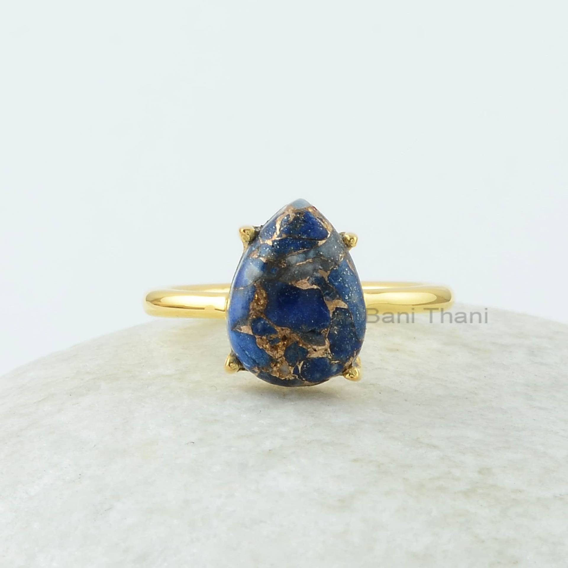 Lapis Silberring, Kupfer Lazuli 9 X 12 Mm Edelstein Ring, 18K Vergoldet 925 Silber Prong Set Ring Für Frauen von BaniThani