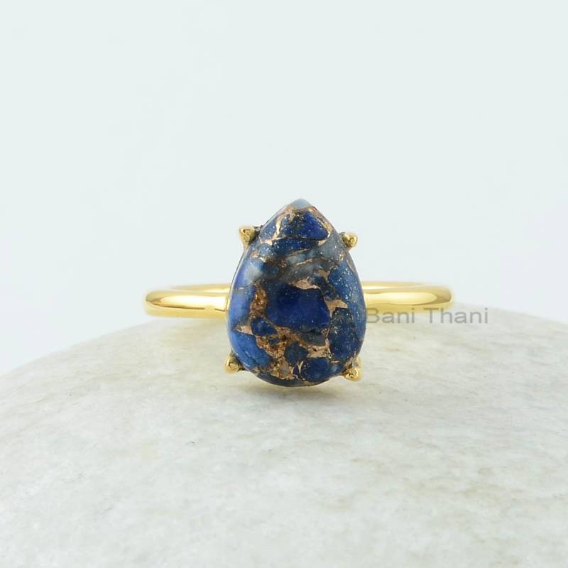 Lapis Silberring, Kupfer Lazuli 9 X 12 Mm Edelstein Ring, 18K Vergoldet 925 Silber Prong Set Ring Für Frauen von BaniThani