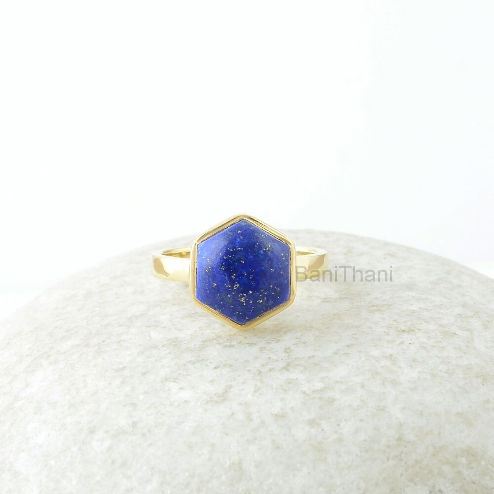 Lapislazuli Ring, Lapis Edelstein 10mm Hexagon Sterling Silberring, Vergoldeter Schmuckgeschenk Für Frau von BaniThani