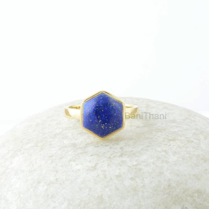 Lapislazuli Ring, Lapis Edelstein 10mm Hexagon Sterling Silberring, Vergoldeter Schmuckgeschenk Für Frau von BaniThani