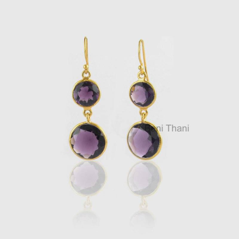 Lila Amethyst Ohrringe-Lila Amethystquarz Runde 14 Mm & 10 Facettierte Vergoldete Ohrringe-925 Sterling Silber Ohrring-#1575 von BaniThani