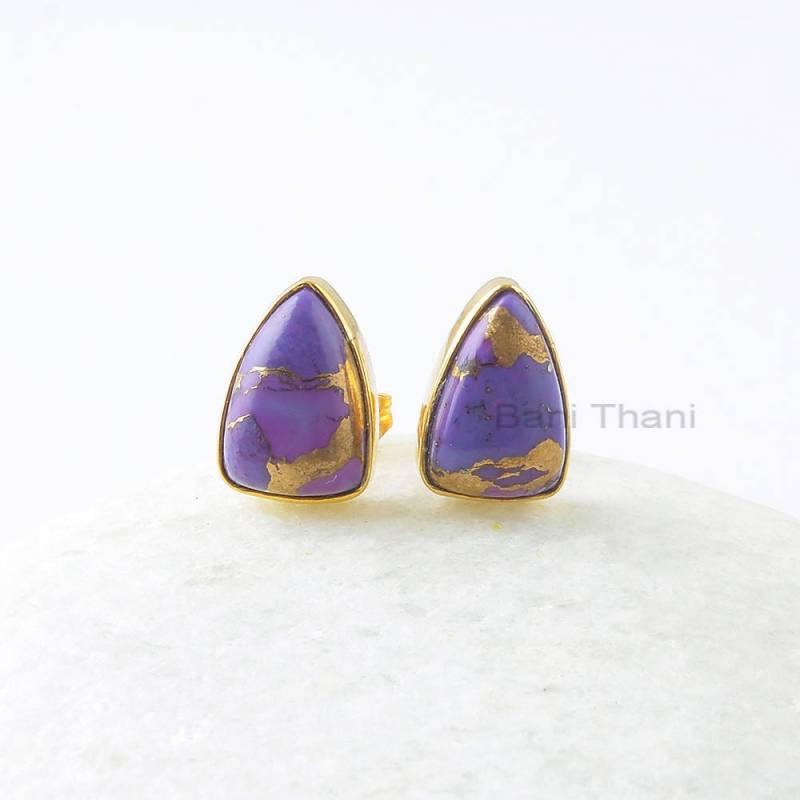 Lila Türkis Ohrringe, Kupfer 8 X 12 Mm Trillion Sterling Silber Edelstein-Ring, Ohrstecker, Ohrring-Set, Geschenk Für Sie von BaniThani