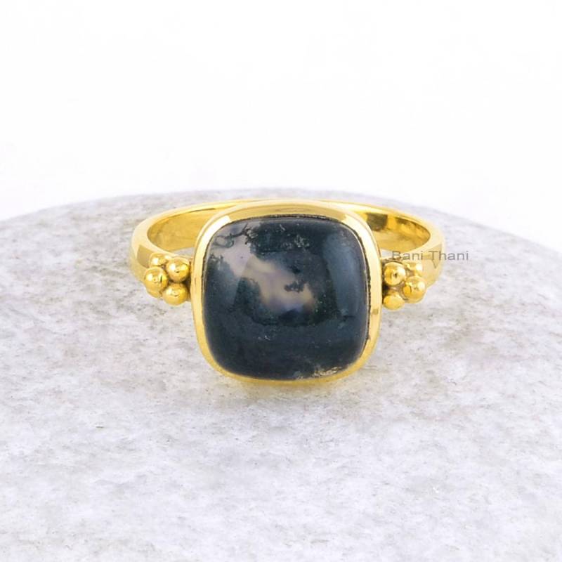 Moos Achat Ring-Moos 10 X Mm Kissen Sterling Silber Ring-Vergoldet Lünette Ring-Achat Ring-Geschenk Für Braut, Birthstone Ring Frauen von BaniThani
