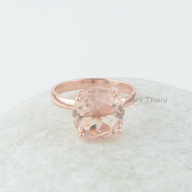 Morganit Silberring, Quarz Facettenschliff 12 Mm Rund Edelstein Ring, Rosévergoldet Silberringe Für Frauen von BaniThani