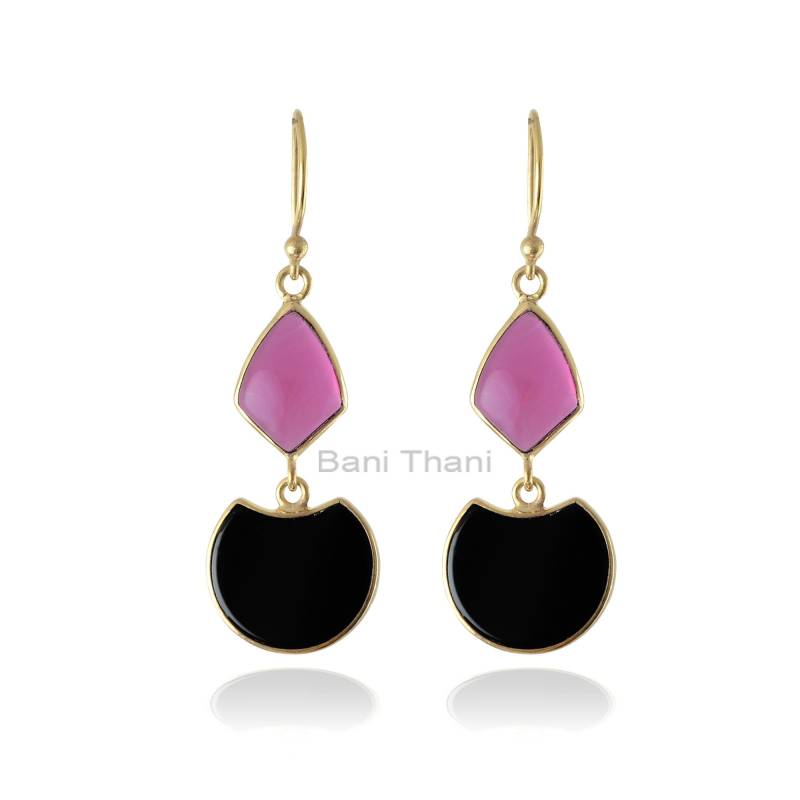 Multi Stone Ohrringe, Schwarzer Onyx 14 X 18 Mm Fancy & Pink Turmalinquarz 11 15 Drachenform Silbertropfenohrringe Für Frauen - Edelsteinohrringe von BaniThani
