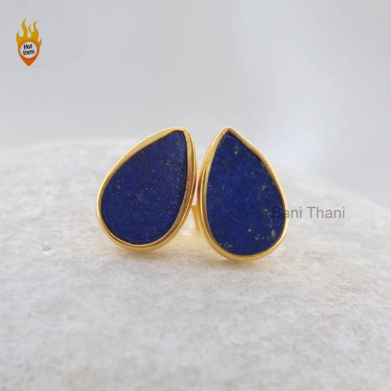 Natürliche Blaue Lapis Birne 7 X 11 Mm Flache Bolzen Micron Gold Überzogene 925 Sterling Silber Ohrring Schmuck, Ohrstecker Geschenk Für Frauen von BaniThani