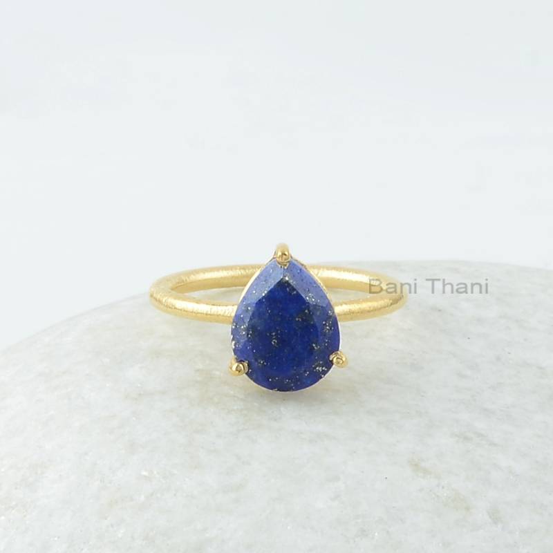 Natürlicher Lapis Lazuli Ring - 8 X 10 Mm Birne Edelstein 925 Silber Micron Vergoldet Für Frauen Schmuck Brautjungfer von BaniThani