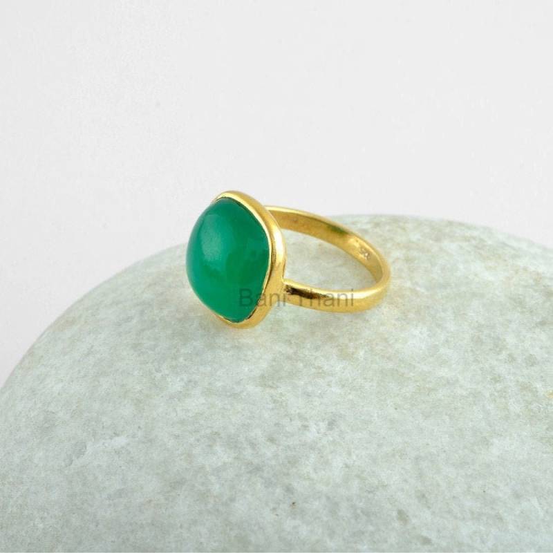 Onyx Ring, Grüner 12 Mm Kissenform 925 Silber Ring Für Frauen, 18K Vergoldet Lünette Stein von BaniThani