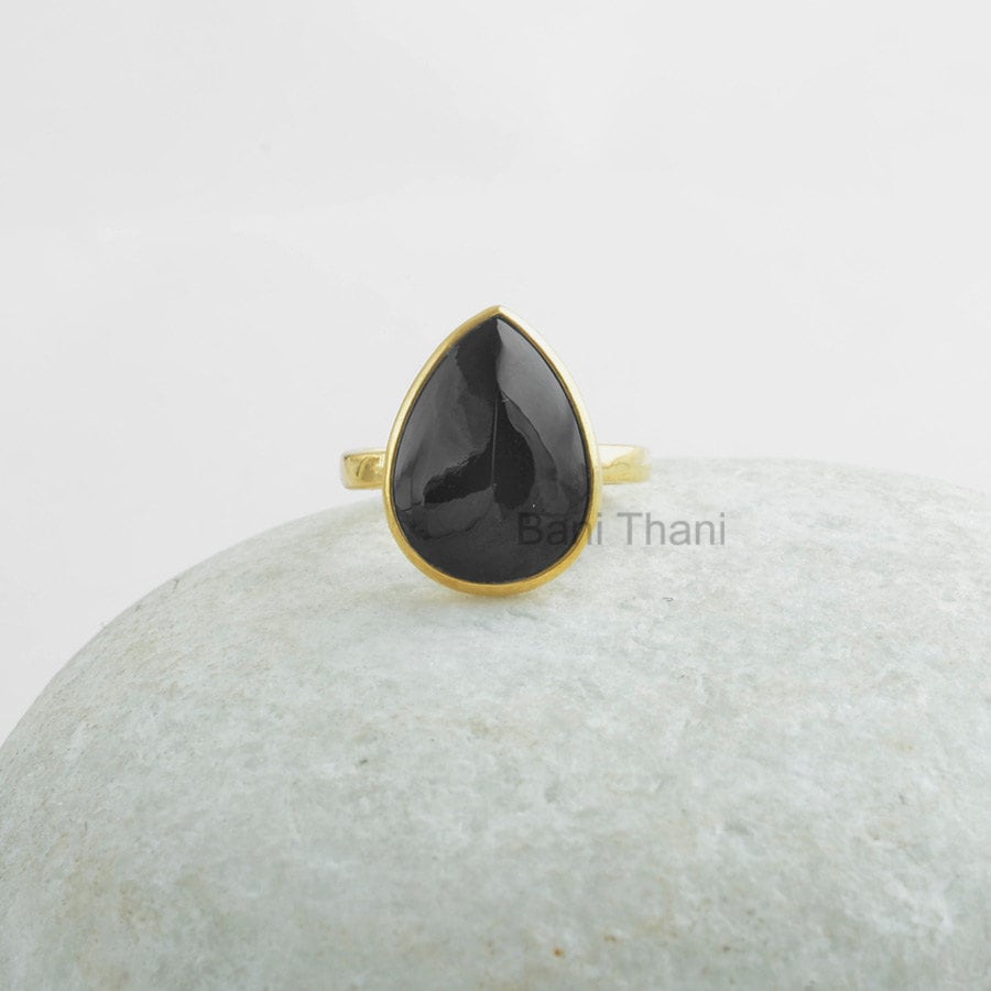 Onyxring, Schwarzer Birne 12 X 16 Mm Ring, Vergoldeter Silberring, 925 Sterlingsilber Ringschmuck, Edelstein Geschenkring von BaniThani