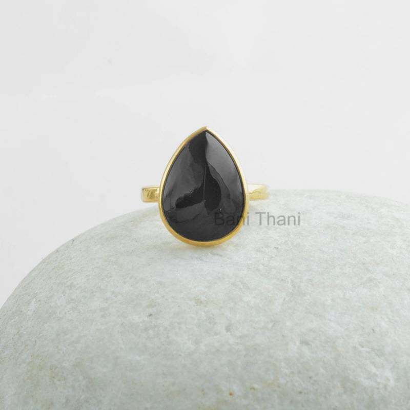 Onyxring, Schwarzer Birne 12 X 16 Mm Ring, Vergoldeter Silberring, 925 Sterlingsilber Ringschmuck, Edelstein Geschenkring von BaniThani