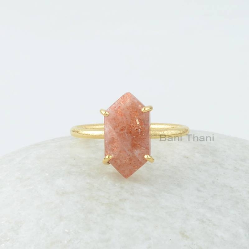 Oranger Sonnenstein Ring - 8 X 15 Mm Hexagon Edelstein Silber Prong Set Silberring Vergoldeter Schmuck von BaniThani
