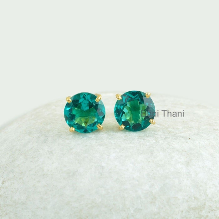 Petrol Quarz 10 Mm Runde Edelstein Ohrstecker, 18K Vergoldet 925 Sterling Silber Prong Set Ohrring, Geschenk Für Mama, Jubiläumsgeschenk Ohrring von BaniThani