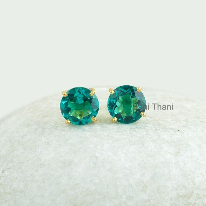 Petrol Quarz 10 Mm Runde Edelstein Ohrstecker, 18K Vergoldet 925 Sterling Silber Prong Set Ohrring, Geschenk Für Mama, Jubiläumsgeschenk Ohrring von BaniThani