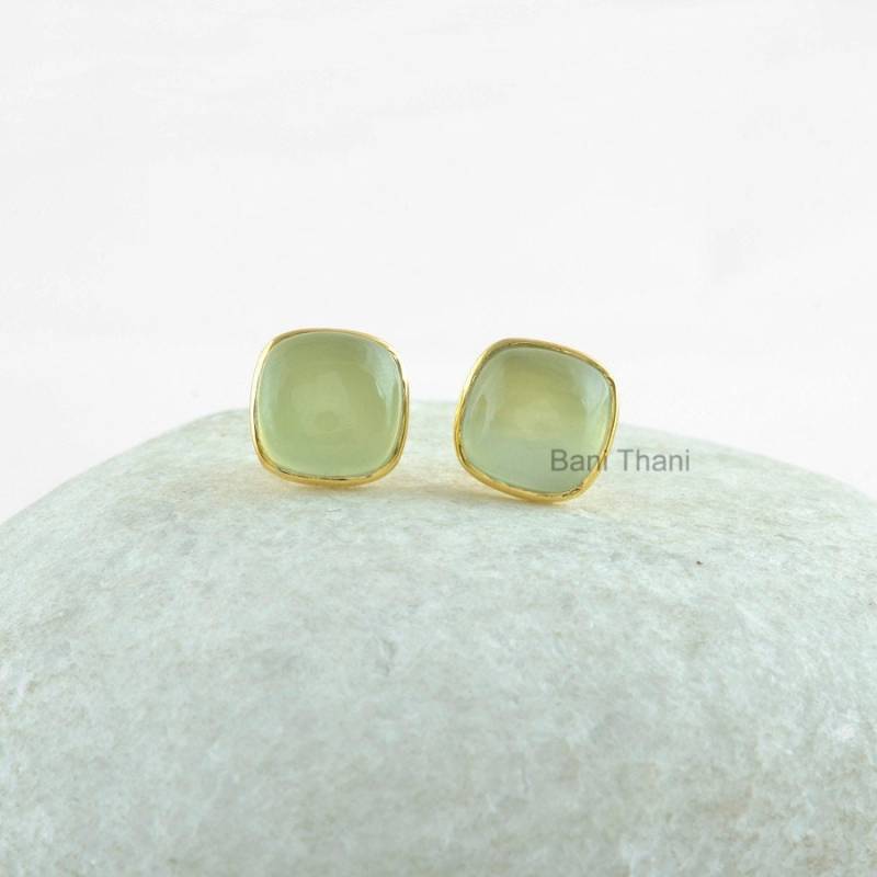 Prehnit Ohrstecker - Sterling Silber Vergoldet Edelstein Kissen Schmuck Geschenk Für Sie Zum Verkauf von BaniThani