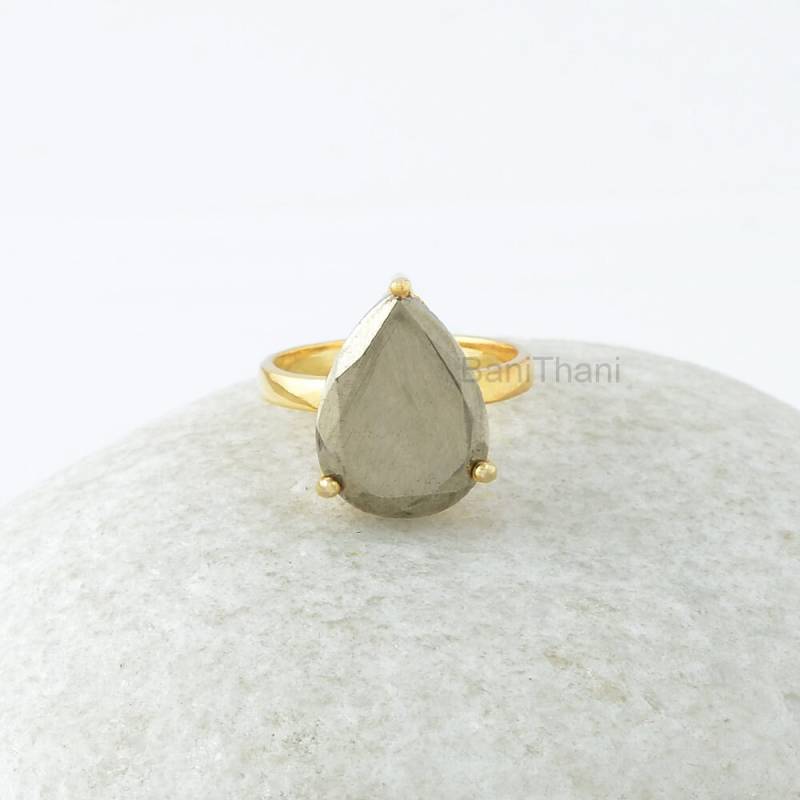 Pyrit-Silberring, Pyrit 12x16mm Birnen-Edelstein-stift-Set-Ring, Pyrit-Ring, Silberring, Vergoldeter Ring, Verlobungsgeschenk Für Frauen von BaniThani