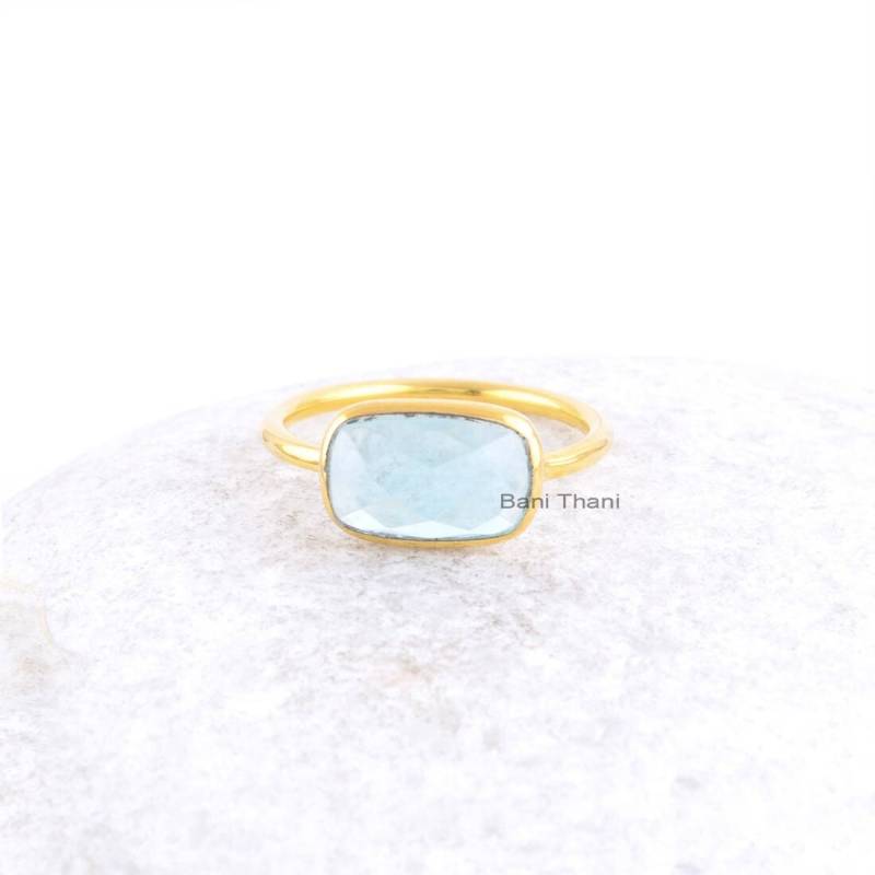 Quarz Ringe-Handmade Aqua 7 X 11 Mm Rechteck Edelstein Vergoldet Ring-925 Sterling Silber Schmuck-Hochzeitsgeschenk Ring , Ringe Für Frauen von BaniThani