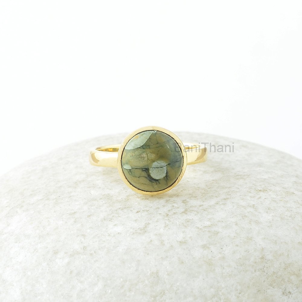 Rhyolith Ring, Grüner 10 Mm Runder Edelstein Silber Vergoldeter Schmuck Geschenk Für Frau von BaniThani