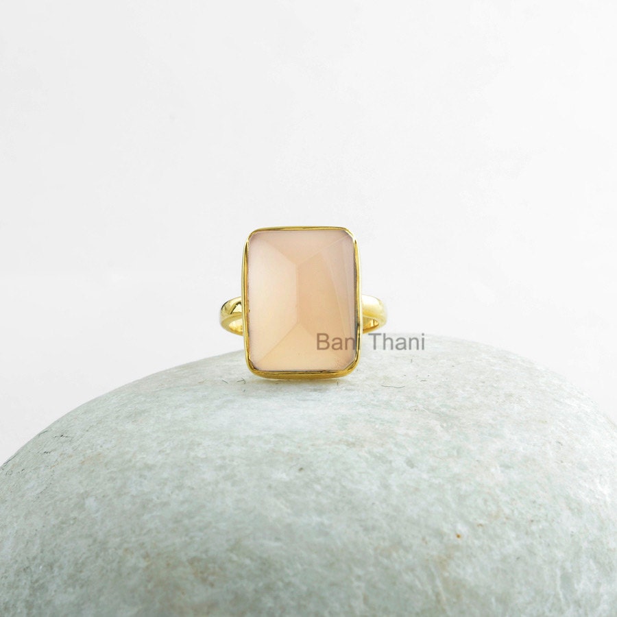 Rosa Chalcedon 12 X 15 Mm Pyramide Mikron Vergoldet 925 Sterling Silber Solitär Ring Schmuck #1214 von BaniThani